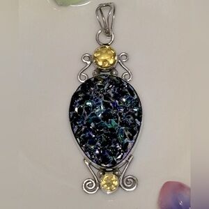 Marked 925 Druzy Quartz with yellow rhinestones. Size 2 inches